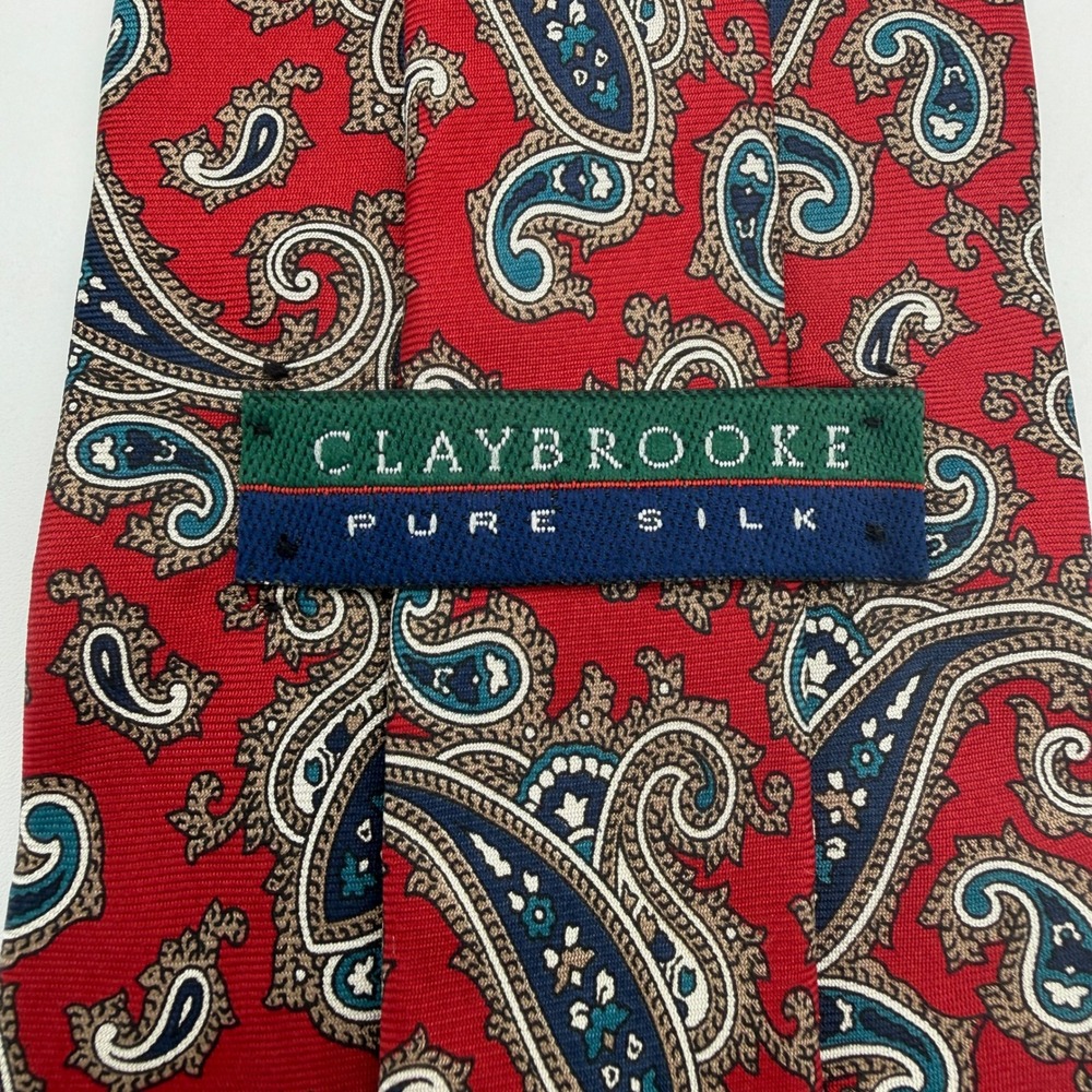 Claybrooke Mens Red Paisley Silk Tie Handmade Necktie Blue Tan Intricate Pattern - Picture 3 of 4